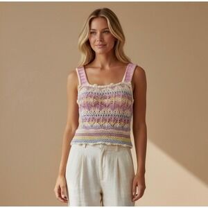 Zara Pastel Crochet Knit Small Crop Top Multi Color Boho Summer Cotton Tank